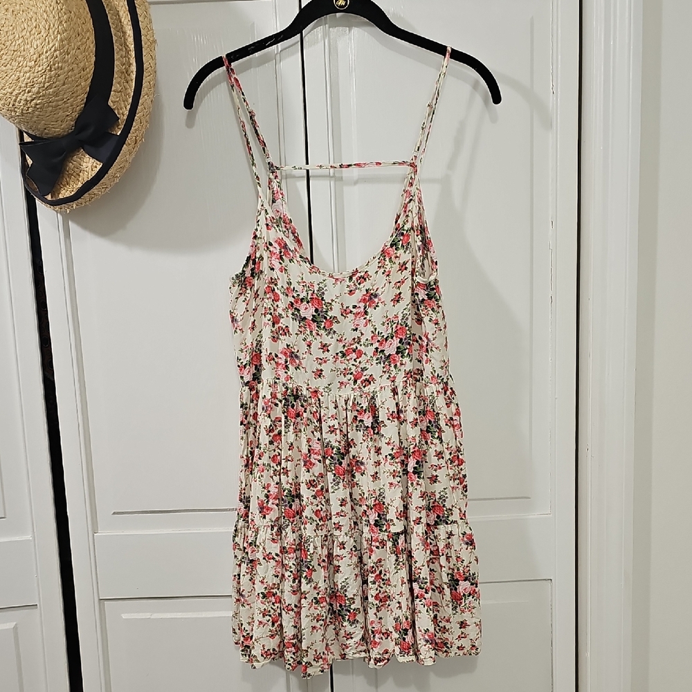 Women’s Floral Spaghetti-Strap Tiered Camisole Dress - Cream/Pink